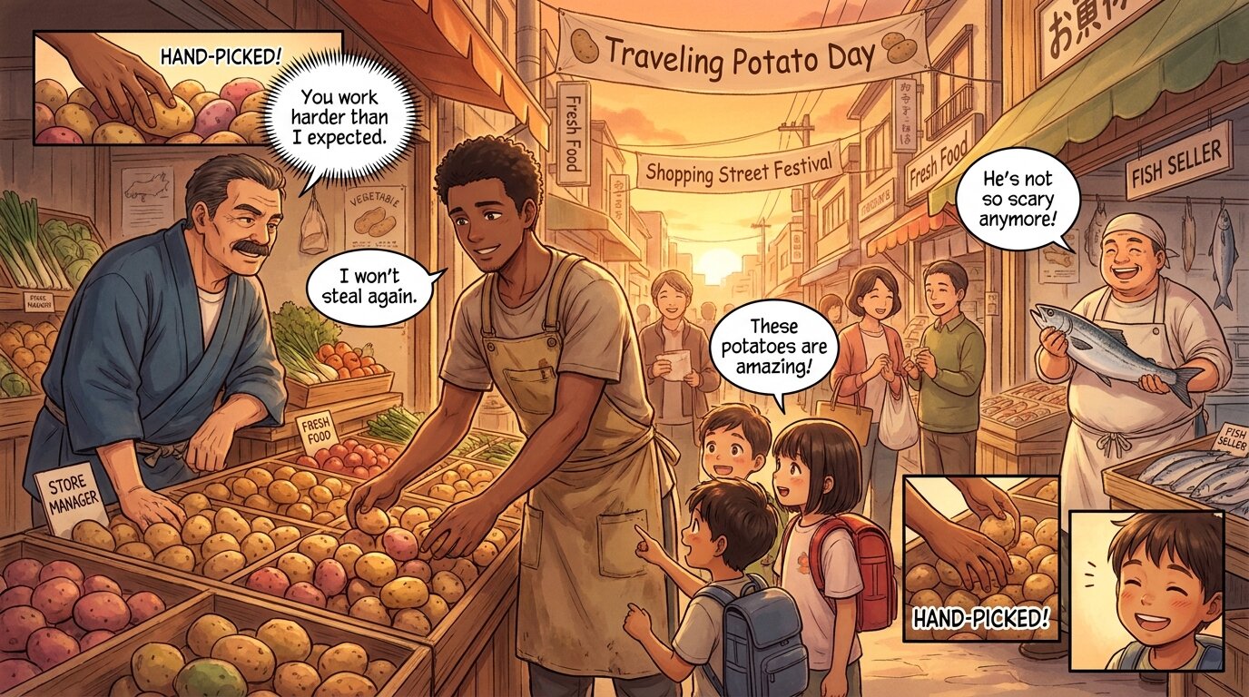 The former potato thief becomes friends with the shopping street